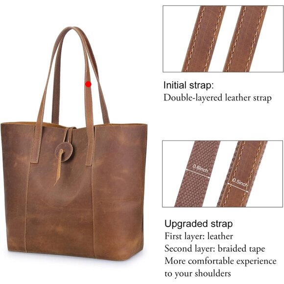 Vintage Genuine Leather Tote Bag for Women - Large Stylish Handbag, Light Brown - Picture 3 of 6
